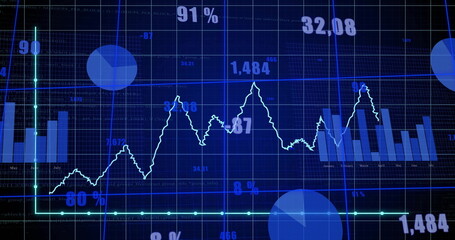Wall Mural - Glowing line graph running across grid dashboard showing bars, pie segments and numeric labels