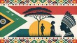 © sukumar - Vibrant south african flag with traditional patterns and silhouettes of people under an acacia tree