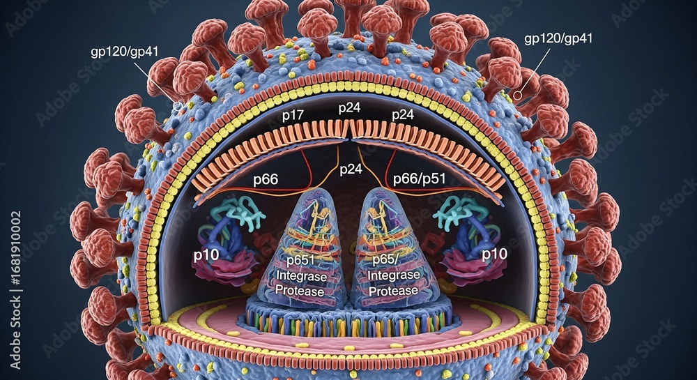 Scientific visualization of a detailed cross-section of the HIV virion ...