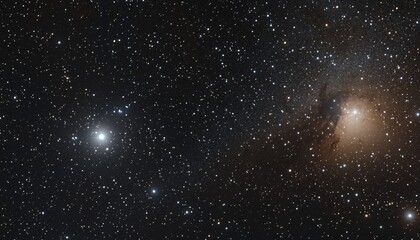 The image shows a dark night sky with numerous stars of varying brightness, along with a faint, reddish-brown nebula visible in the upper right quadrant.
