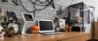 © Pixel-Shot - Interior of office decorated for Halloween with workplace and shelf unit