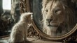© Babb - In a warm, softly lit room, a fluffy white kitten curiously observes its reflection in an elaborate mirror, seeing a magnificent lion instead of its own likeness