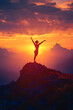 © Martin - Sunset Silhouette of Female Climber Celebrating Joy on Mountain Peak Adventure