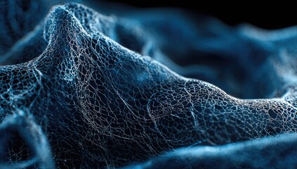 Abstract, intricate network of deep blue and light gray, resembling a textured landscape or organic material.  Close-up view