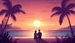 © Studicon - A man and a woman sit together on a sandy beach, watching the sun set over a calm ocean, framed by palm trees and lush tropical foliage.