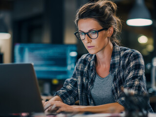 Focused female programmer working late on laptop in office