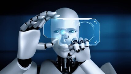 Wall Mural - robot hominoid hold hud hologram screen in concept of ai thinking brain, artificial intelligence and