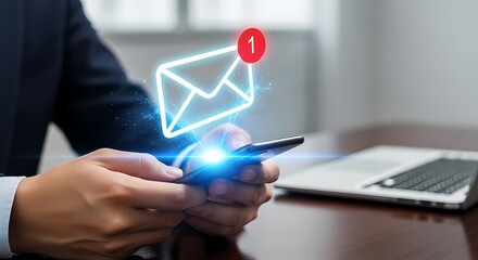 man using phone with email notification concept