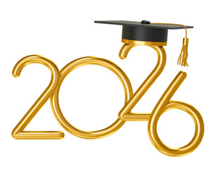 Wall Mural - Golden 2026 Numbers with Graduation Cap in 3D render with transparent background