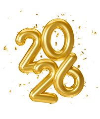 Wall Mural - golden 2026 numbers with confetti celebration in 3d render with transparent background