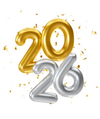 Wall Mural - golden and silver 2026 numbers with confetti in 3d render with transparent background