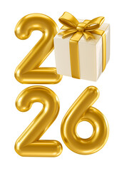 Wall Mural - Golden 2026 Numbers with Gift Box in 3D render with transparent background
