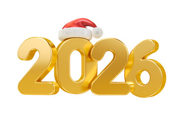 Wall Mural - golden 2026 numbers with santa hat in 3d render with transparent background