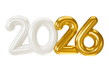 Wall Mural - white and golden 2026 numbers in 3d render with transparent background