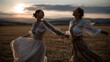 © Attila Kapodarca - Two young Hungarian women wearing traditional dresses and dancing in an empty field