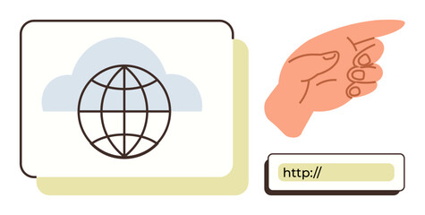 Browser screen showing globe within cloud, pointing hand, and URL field. Ideal for technology, internet access, global connection, network, cloud computing navigation web concepts. Simple flat