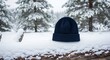 © RENA - Cozy navy blue beanie hat resting on a snow-covered log in a tranquil, frosty winter forest landscape