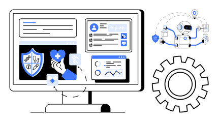 Wall Mural - Computer screen displaying healthcare analytics, AI robot managing health data, various medical elements, gear metaphor. Ideal for healthcare technology, AI, digital transformation, innovation