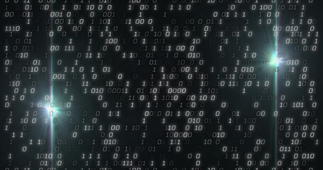 Wall Mural - Streaming binary digits cascading in data visualization with greenish lens streaks, flare points