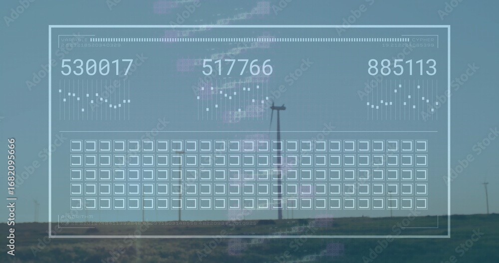 Displaying translucent interface overlaying grassy plain with turbines ...