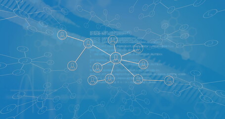 Wall Mural - Displaying central user avatar node linking surrounding nodes on blue network, with code overlays