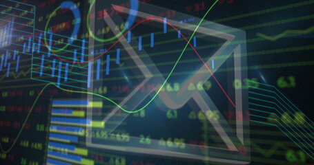 Wall Mural - Displaying envelope icon overlapping dashboard with candlestick charts, bar graphs and tickers