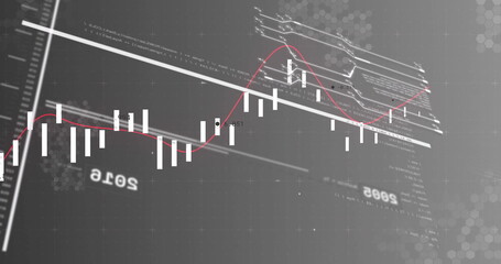 Wall Mural - Displaying financial chart showing white bars rising on grey grid, red trend line and hex overlays
