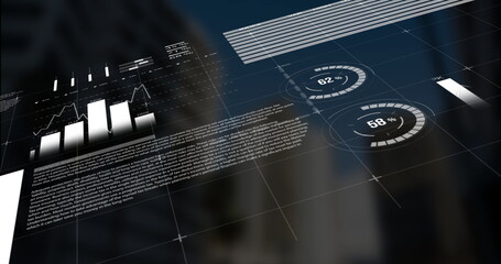 Wall Mural - Showing futuristic HUD over highrise featuring bar and line graphs, progress indicators, text grid