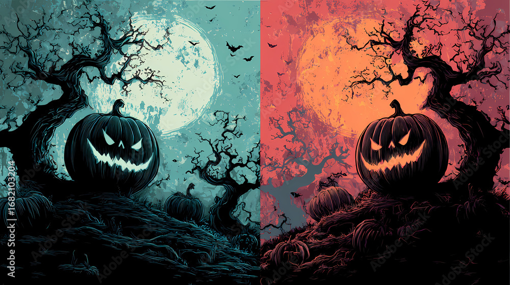 Creepy glowing Jack-o'-lantern in a haunted forest with split cool blue ...