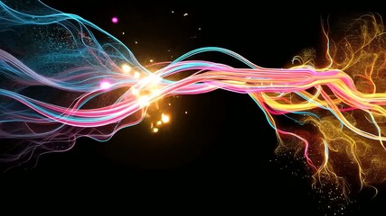 Abstract art with colorful swirling lines on a black background, modern style