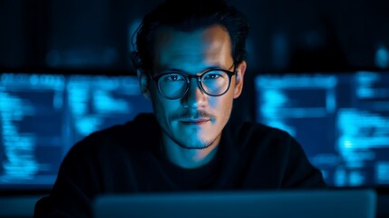 Focused Hacker: Man in Glasses Coding in Front of Multiple Screens