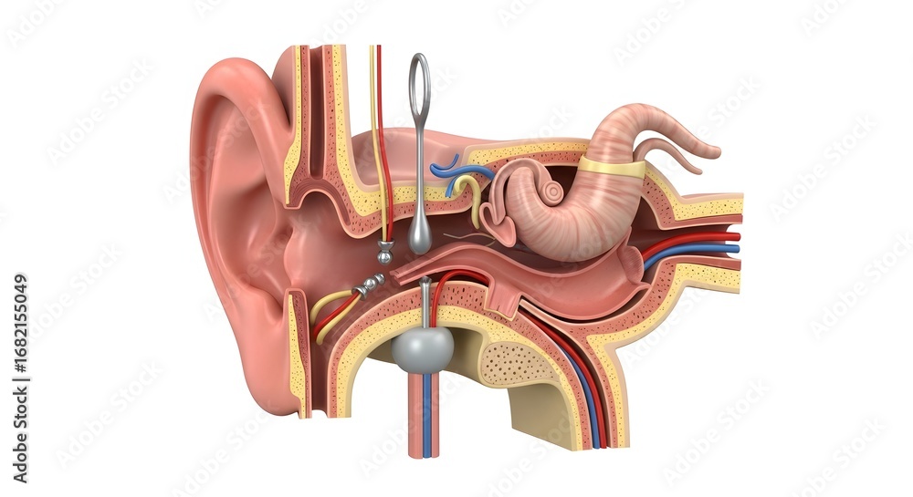Detailed cross section anatomical illustration of the human ear showing ...