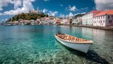 Scenic aerial view of st george’s harbor in grenada with colorful houses, tropical hills, calm caribbean sea, and cruise destination atmosphere
