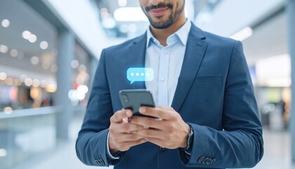 A professional man in a suit engages with his smartphone in a modern indoor environment.