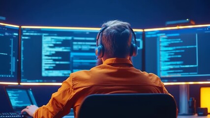 Programmer computer code monitor technology office night headphones, focused developer working night digital workspace with multiple monitors