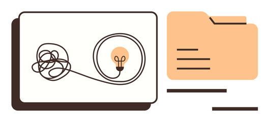 Tangled wire connecting to a lightbulb next to a file folder, symbolizing ideas, organization, and clarity. Ideal for creativity, problem-solving, brainstorming, innovation, planning learning