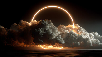 Wall Mural - abstract cloud illuminated with neon light ring on drk night sky.