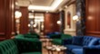 © angin - Blurred background of a luxurious hotel lobby or lounge, featuring elegant green and blue velvet sofas, warm lighting, and classic wooden paneling. Creates a sophisticated and inviting at...