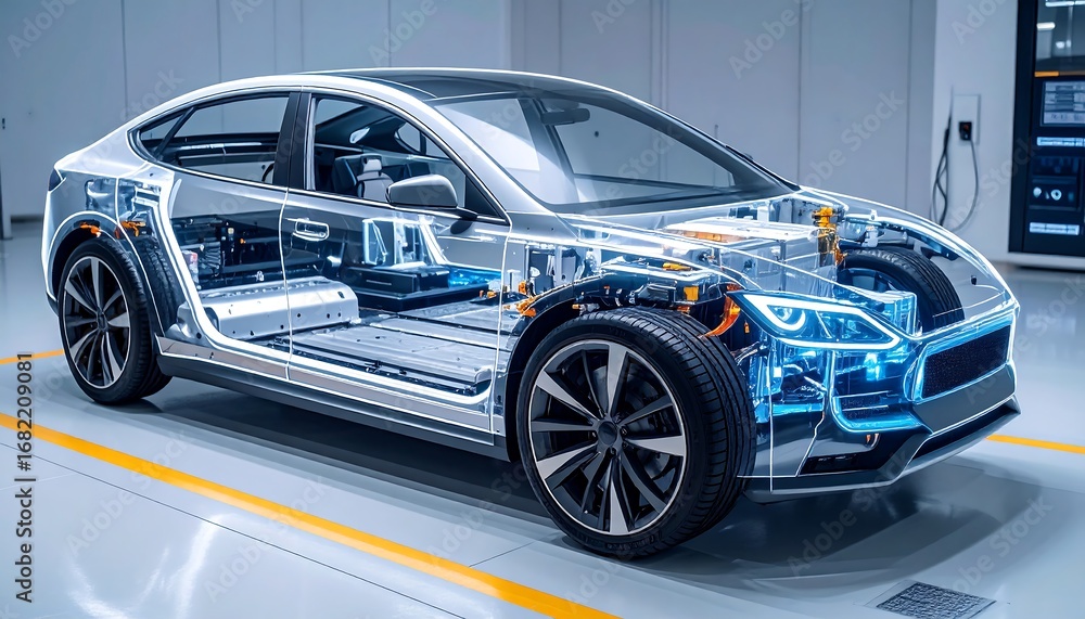 Electric car's internal components displayed in a clean, modern ...
