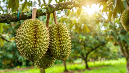 Ripe durian fruits on a tree in a tropical orchard, illuminated by sunlight, showcasing their spiky texture.