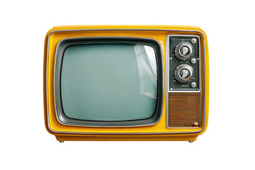 Retro, vibrant yellow television set, featuring a blank screen and vintage controls