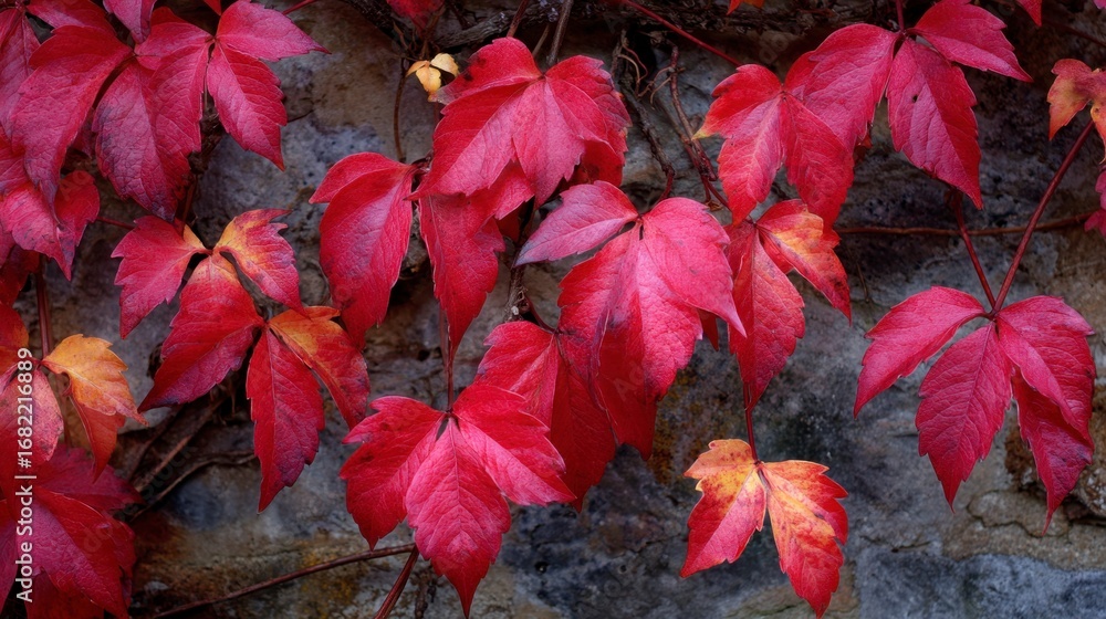 Red ivy leaves cascade against a stone wall featuring distinct fiveleaf ...