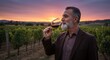 © Tiaga - Portrait of a senior well-dressed winemaker checking the wine quality on the vineyard during a sunset. Concept of a winemaking in older age