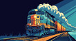 © Wardiyan - A stylized illustration of a powerful diesel freight train rounding a bend at night, with a large plume of smoke billowing from its engine.