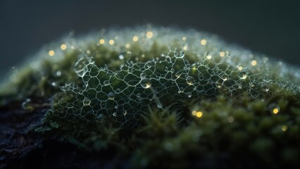 Dew-kissed moss, intricate web-like structure, illuminated by light