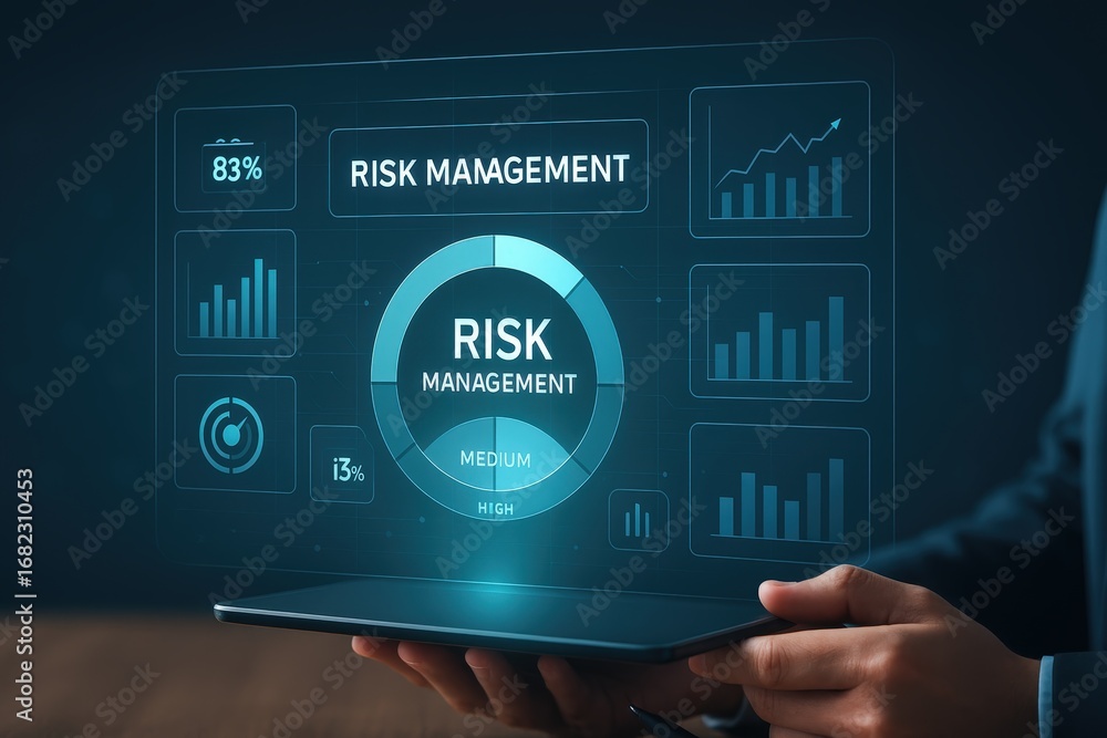 A digital tablet displays a risk management dashboard with various ...