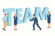 © MediaStockAI - Four business professionals stand beside a large, light-blue, three-dimensional word arrangement of 'TEAM,' creating a positive and collaborative business image.