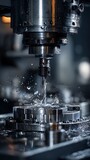 Precision CNC milling machine creating intricate metal parts with coolant spray in industrial workshop