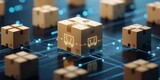 smart logistics factory concept. Digital representation of packages connected by a network, symbolizing logistics and technology integration.