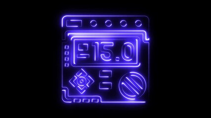 Futuristic neon glowing digital interface display showing numerical data and control buttons with glowing blue lines